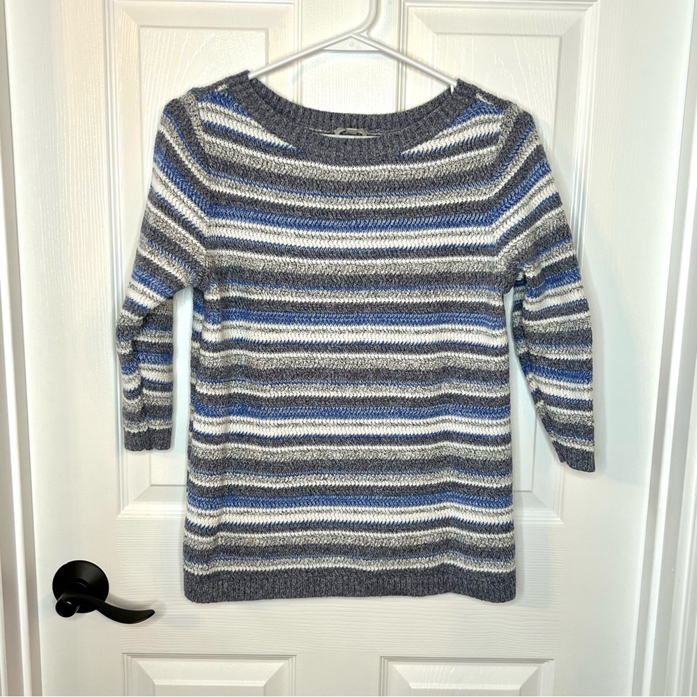⭐️ Talbots Women’s 3/4 Sleeve Blue Gray White Striped Pullover Sweater Size SP